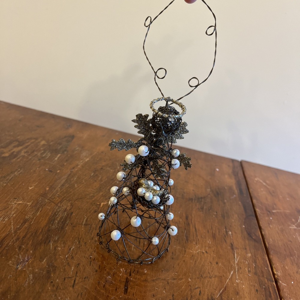Vintage Metal Wire Beaded Pearl Angel Christmas Ornament and Crochet Angel